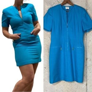 Vintage 90s Kasper blue jacquard textured shirt sleeve mini dress